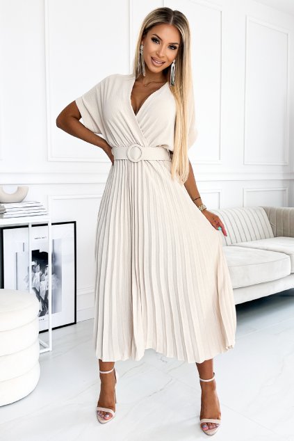 Krémové midi šaty s plisovanou sukňou (Velikost UNI)