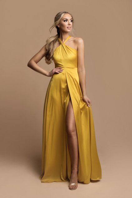 Žlté saténové šaty s vysokým rozparkom (Velikost L)