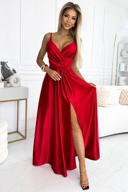 Červené lesklé šaty s rozparkom (Velikost L)