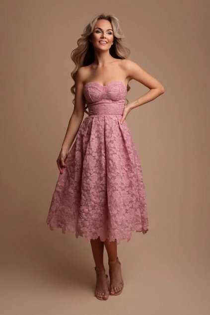 Ružové midi šaty s krajkou (Velikost L)