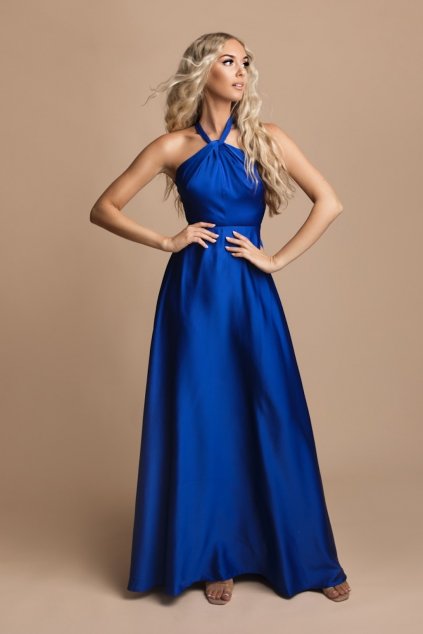 Modré saténové šaty s vysokým rozparkom (Velikost L)