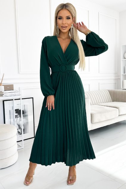 Smaragdové midi šaty s plisovanou sukňou (Velikost UNI)