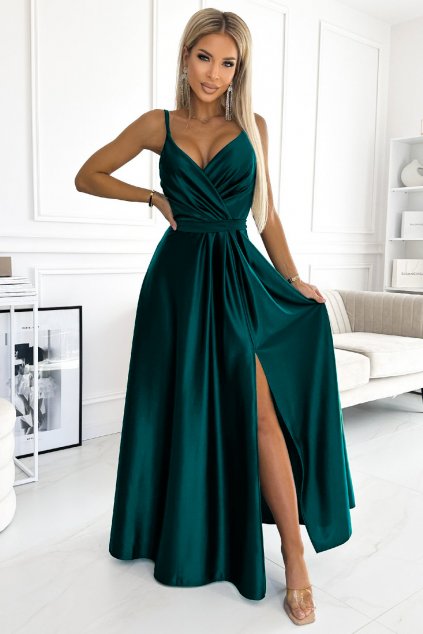 Smaragdové lesklé šaty s rozparkom (Velikost L)