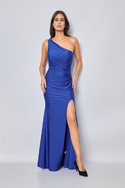 Modré priliehavé šaty s rozparkom (Velikost L)