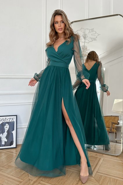 Smaragdové spoločenské šaty s tylovou sukňou a rukávmi (Velikost L)