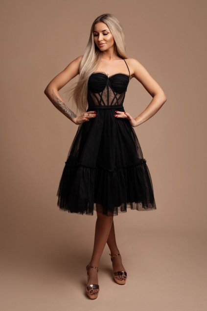 Čierne tylové midi šaty (Velikost L)