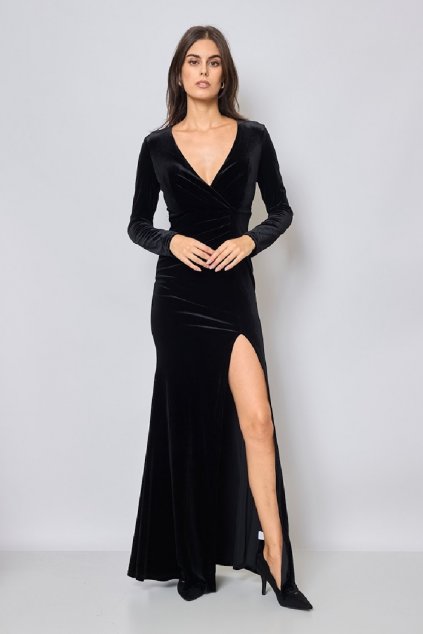 Čierne priliehavé zamatové šaty (Velikost L)