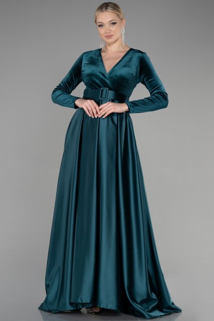 Smaragdové spoločenské šaty so saténovou sukňou (Velikost L)