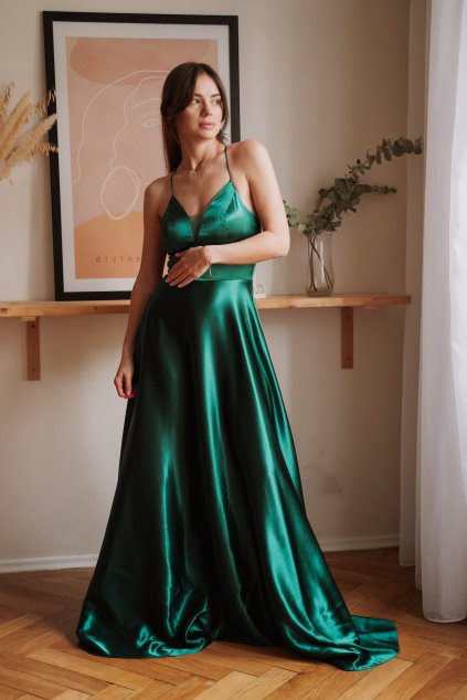 Smaragdové lesklé šaty na ramienka (Velikost L)