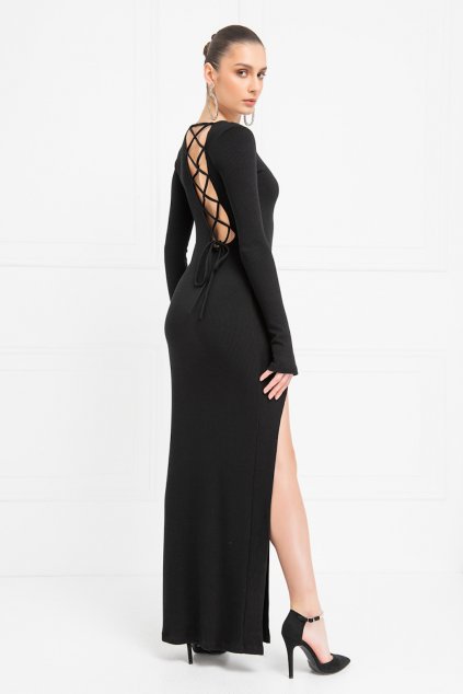 Čierne priliehavé šaty s viazaním na chrbte (Velikost M)