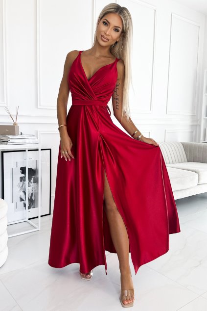 Červené lesklé šaty s rozparkom (Velikost L)