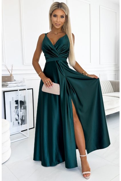 Smaragdové lesklé šaty s rozparkom (Velikost L)