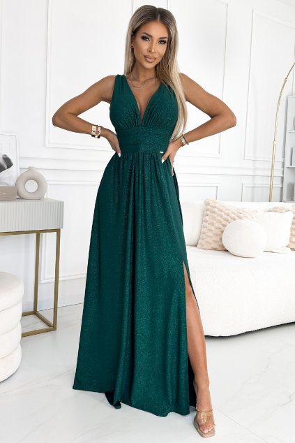 Smaragdové trblietavé šaty s rozparkom (Velikost L)