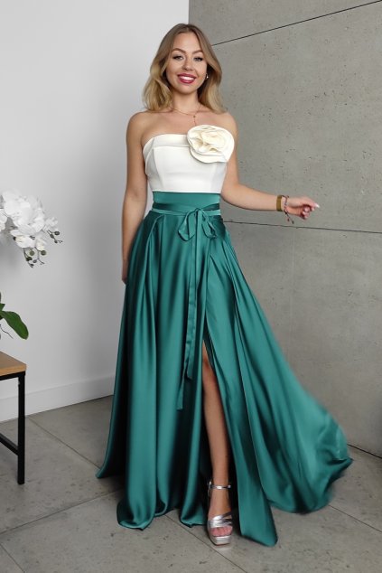 Smaragdová saténová sukňa s rozparkom (Velikost L)