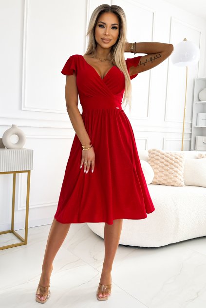 Červené trblietavé midi šaty s volánikovými rukávmi (Velikost L)