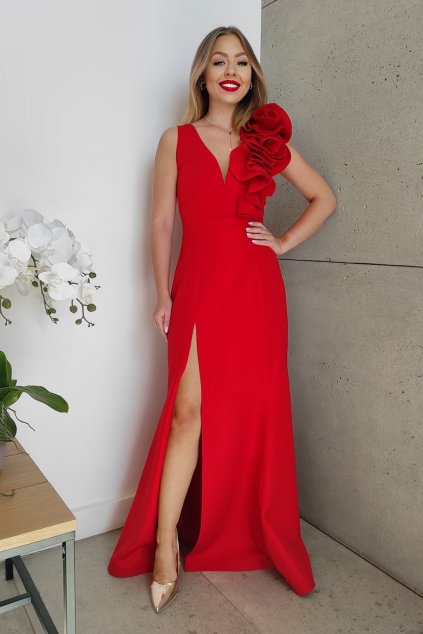 Červené spoločenské šaty s ružami (Velikost L)
