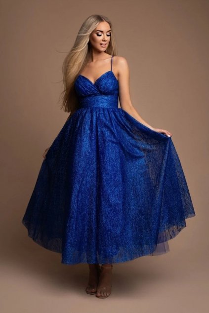 Modré trblietavé midi šaty (Velikost L)