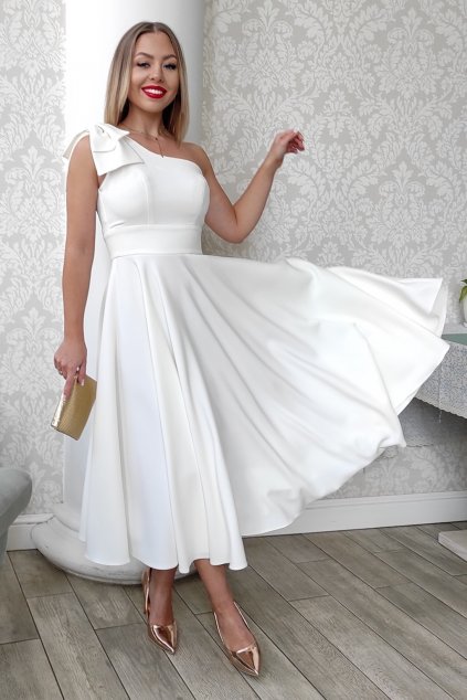 Biele midi šaty s mašľou (Velikost L)