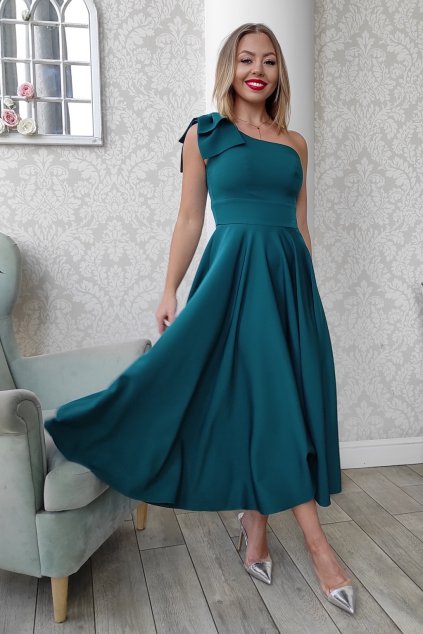 Smaragdové midi šaty s mašľou (Velikost L)