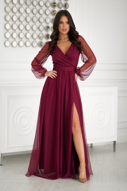 Bordové spoločenské šaty s tylovou sukňou a rukávmi (Velikost 4XL)