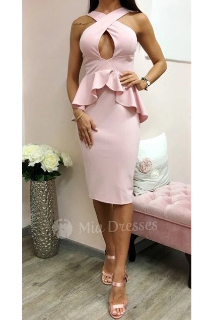 Poškodený tovar - Staroružové peplum midi šaty (Velikost S)