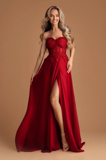 Červené spoločenské šaty so saténovou sukňou (Velikost L)
