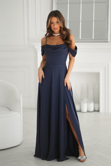 Tmavomodré spoločenské šaty spustené na ramená (Velikost 4XL)