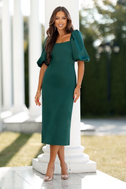 Smaragdové priliehavé midi šaty s balónovými rukávmi (Velikost L)