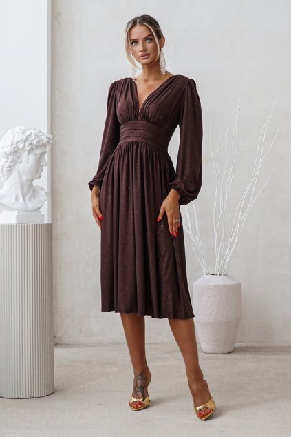 Hnědé třpytivé midi šaty s dlouhými rukávy (Velikost L)