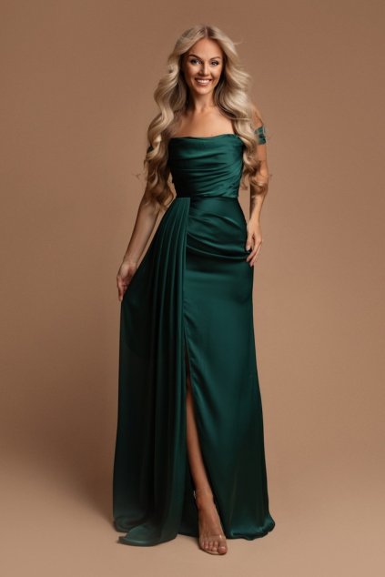 Poškodený tovar - Smaragdové priliehavé šaty spustené na ramená (Velikost L)