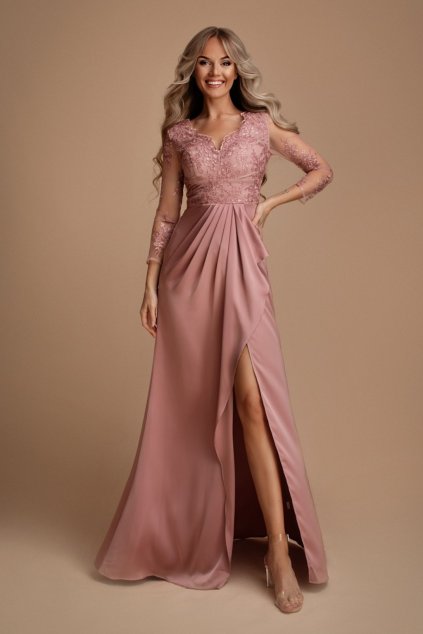 Poškodený tovar - Staroružové spoločenské šaty s krajkou (Velikost M)