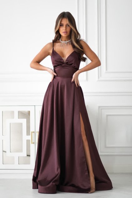 Hnědé saténové šaty s rozparkem (Velikost L)