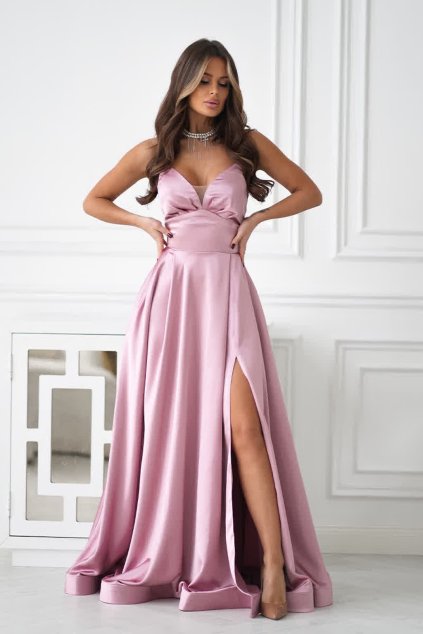 Staroružové saténové šaty s rozparkom (Velikost L)