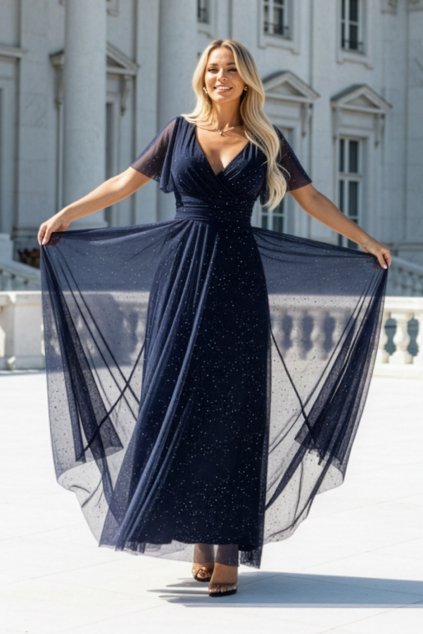 Tmavě modré tylové šaty se třpytkami (Velikost UNI)