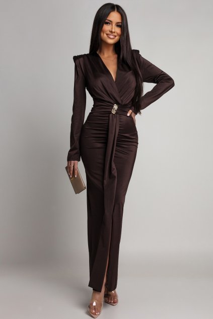 Hnedé priliehavé šaty s hlbokým výstrihom (Velikost UNI)