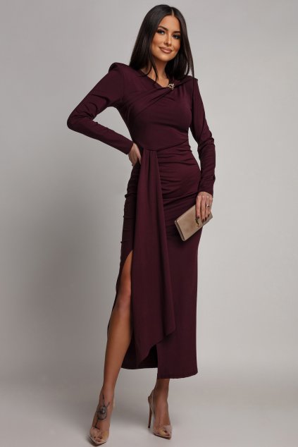 Bordové priliehavé šaty s rozparkom (Velikost UNI)