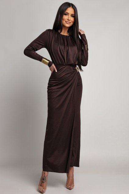 Hnědé přiléhavé šaty se zlatou aplikací (Velikost UNI)