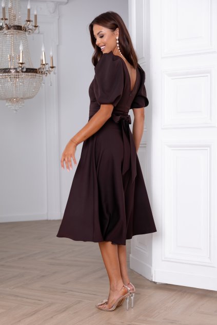 Hnedé midi šaty s balónovými rukávmi (Velikost L)