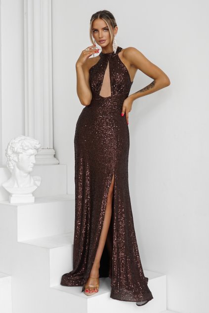 Hnědé flitrované šaty s rozparkem (Velikost L)