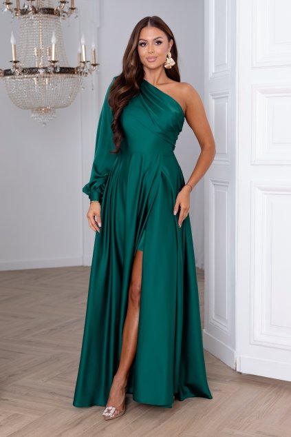 Smaragdové saténové šaty s jedním rukávem (Velikost L)
