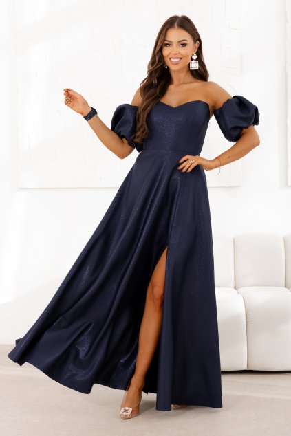 Tmavomodré trblietavé šaty s rozparkom (Velikost L)