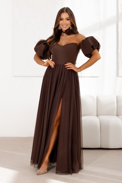 Hnedé spoločenské šaty s tylovou sukňou (Velikost L)