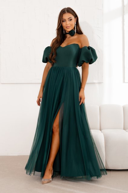 Smaragdové spoločenské šaty s tylovou sukňou (Velikost L)