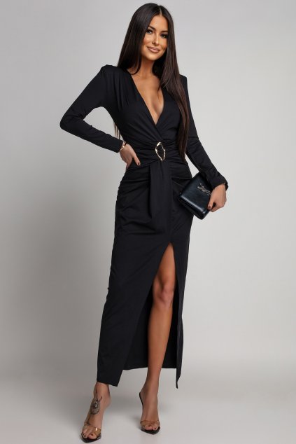 Čierne priliehavé šaty s hlbokým výstrihom (Velikost UNI)