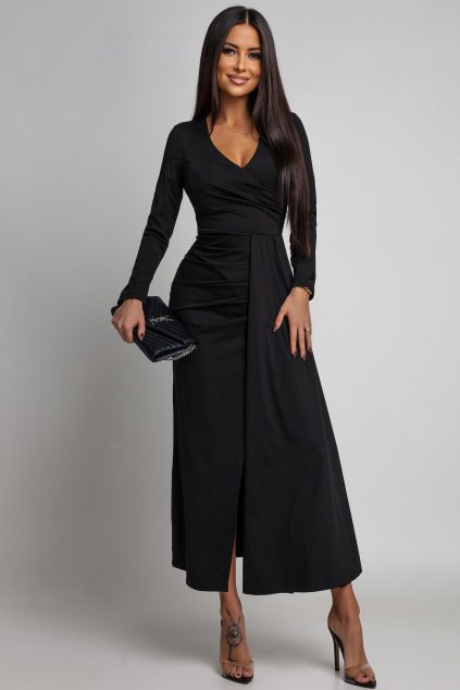 Čierne priliehavé šaty s rozparkom (Velikost UNI)