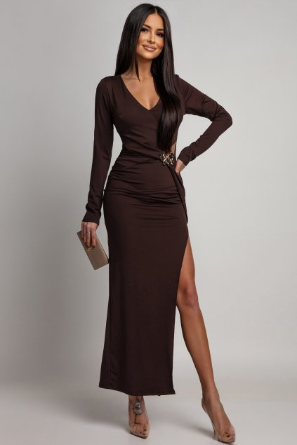 Hnedé priliehavé šaty s vysokým rozparkom (Velikost UNI)