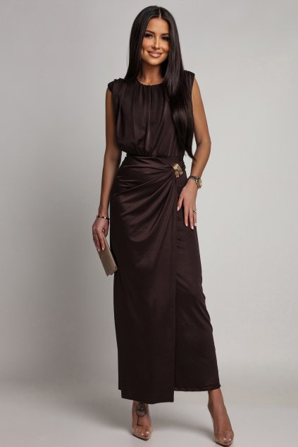 Hnedé priliehavé šaty so zlatou aplikáciou (Velikost UNI)