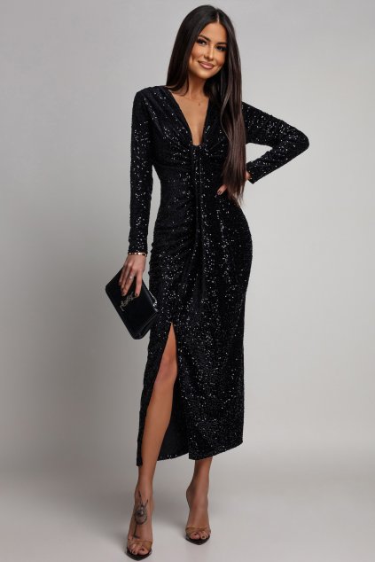 Černé flitrované šaty s rozparkem (Velikost UNI)