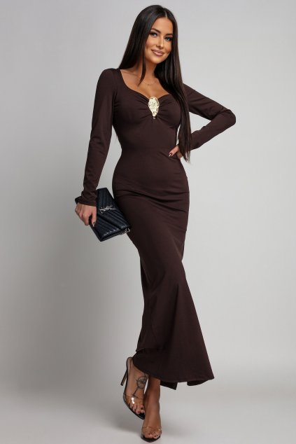 Hnedé priliehavé šaty so zlatou aplikáciou (Velikost UNI)