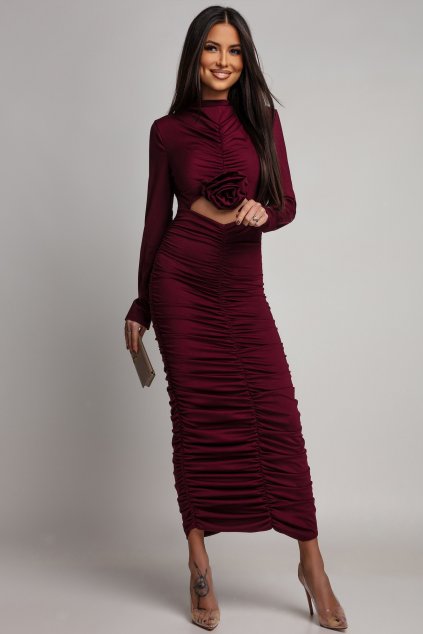 Bordové priliehavé šaty s riasením (Velikost UNI)